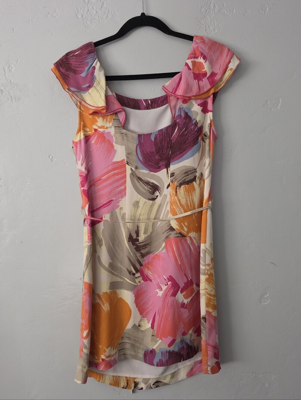 BCBG Sill Floral Ruffle Neck Sleeveless Dress in Pink & Orange - Picture 2 of 8